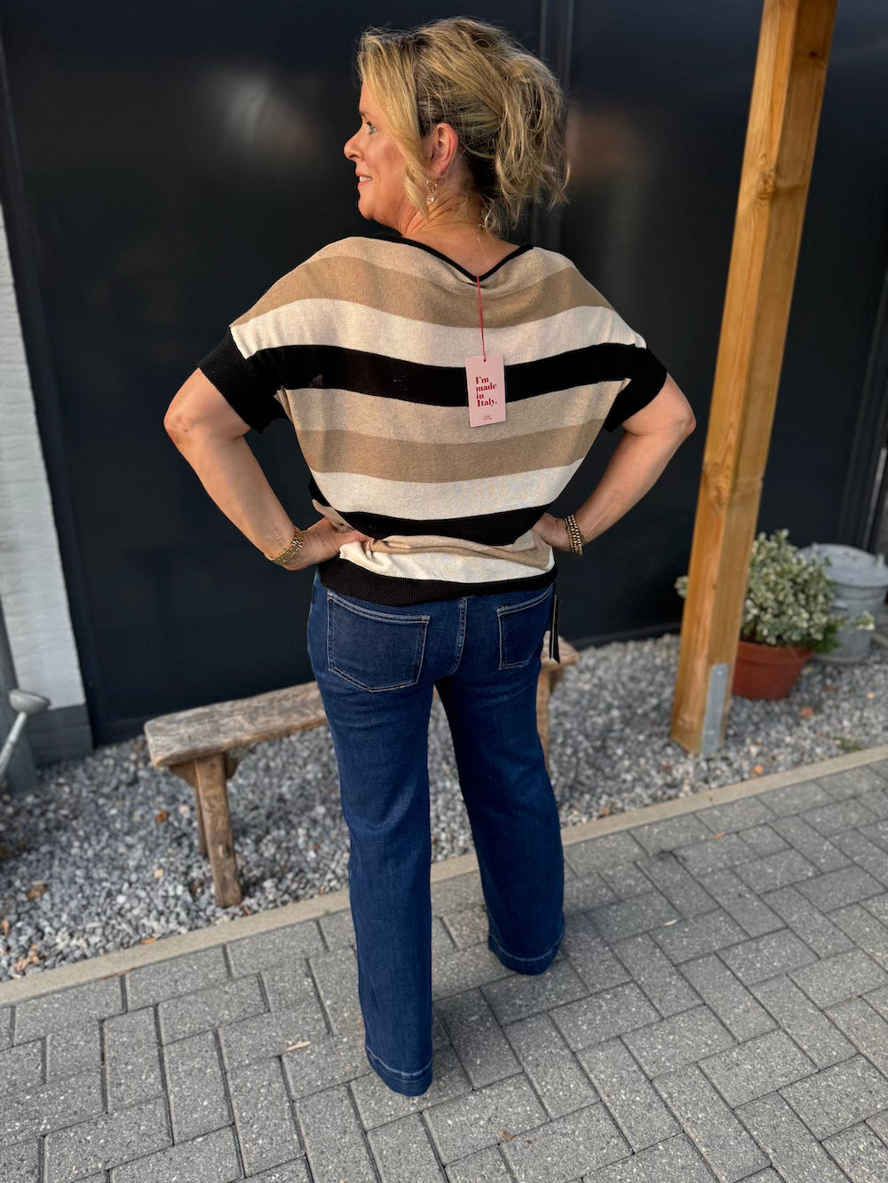 Shirt fijn gebreid zwart beige wit