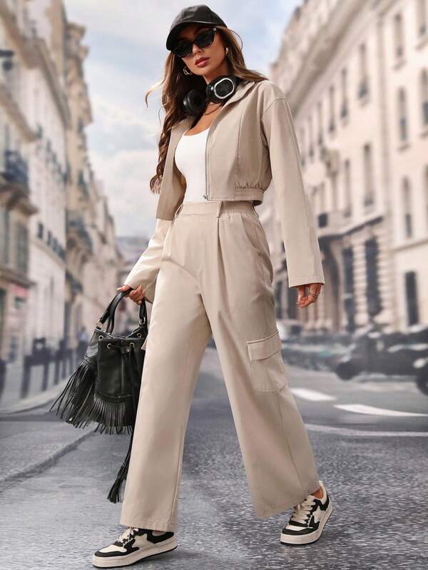 Frenchy 2 stuks dames casual effen kleur cargo lange mouwen jas en broek losse pak, lente herfst