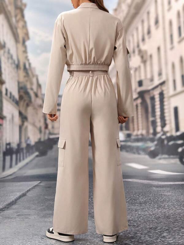 Frenchy 2 stuks dames casual effen kleur cargo lange mouwen jas en broek losse pak, lente herfst