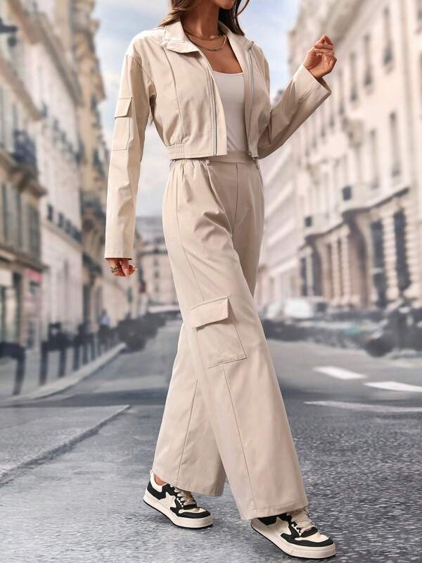 Frenchy 2 stuks dames casual effen kleur cargo lange mouwen jas en broek losse pak, lente herfst