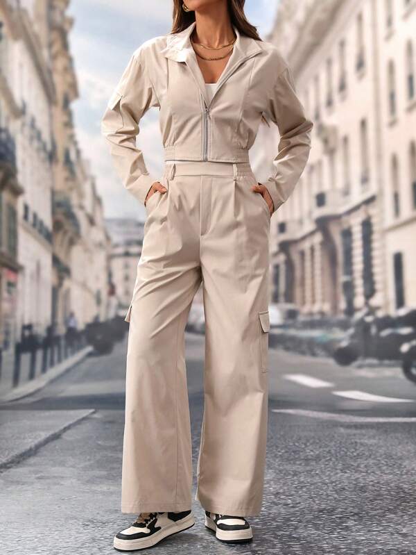 Frenchy 2 stuks dames casual effen kleur cargo lange mouwen jas en broek losse pak, lente herfst