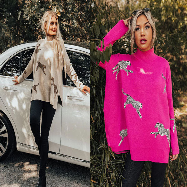 Lässiges Retro Langarm-Oberteil mit Tiger- und Leopardenprint