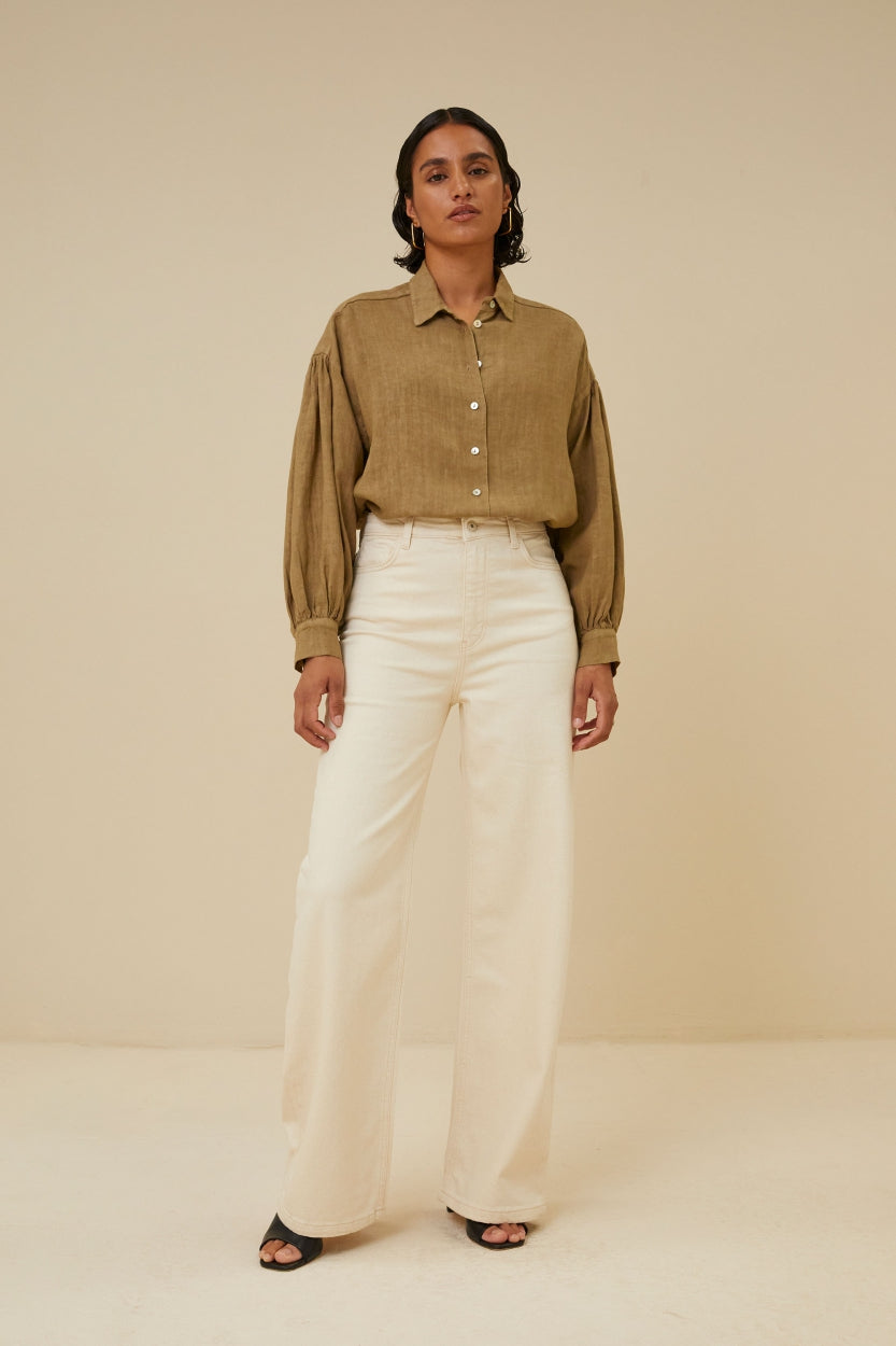 sarah short linen blouse | khaki