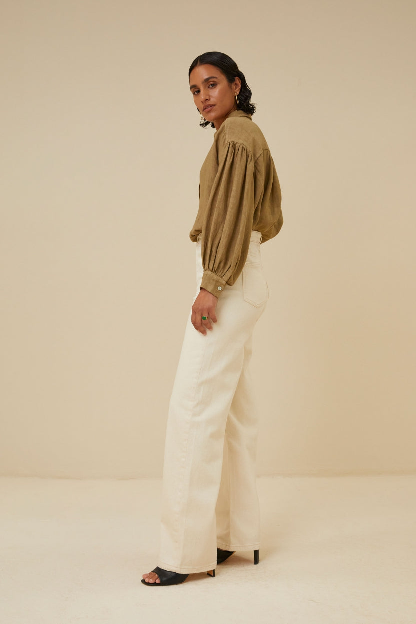 sarah short linen blouse | khaki