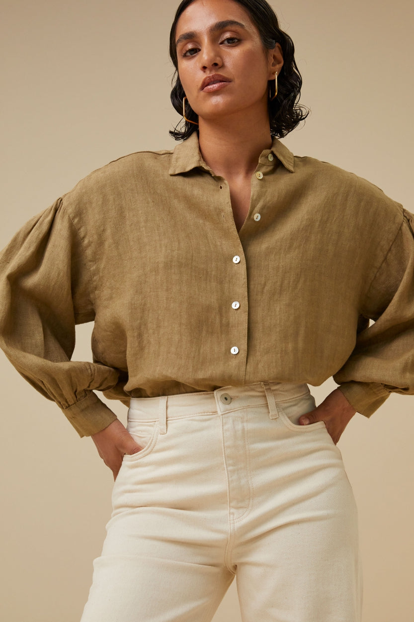 sarah short linen blouse | khaki