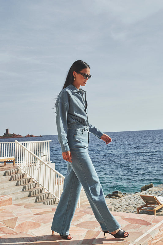 mae denim suit | light denim