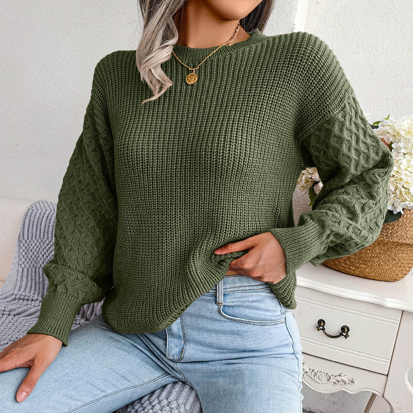 Dezsed Womens Loose Sweaters Clearance Women's Fashion Casual Colorful Long Sleeve Off Shoulder Knit Sweater Crew Neck Sweater Army Green S