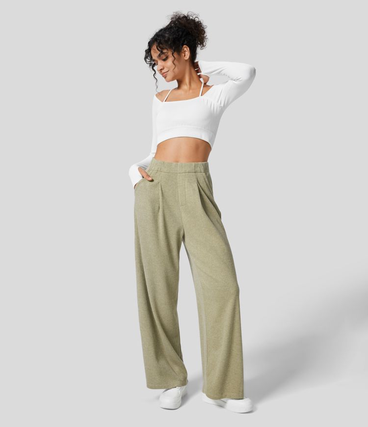 Plissierte Freizeithose mit hohem Bund, Seitentaschen und weitem Bein