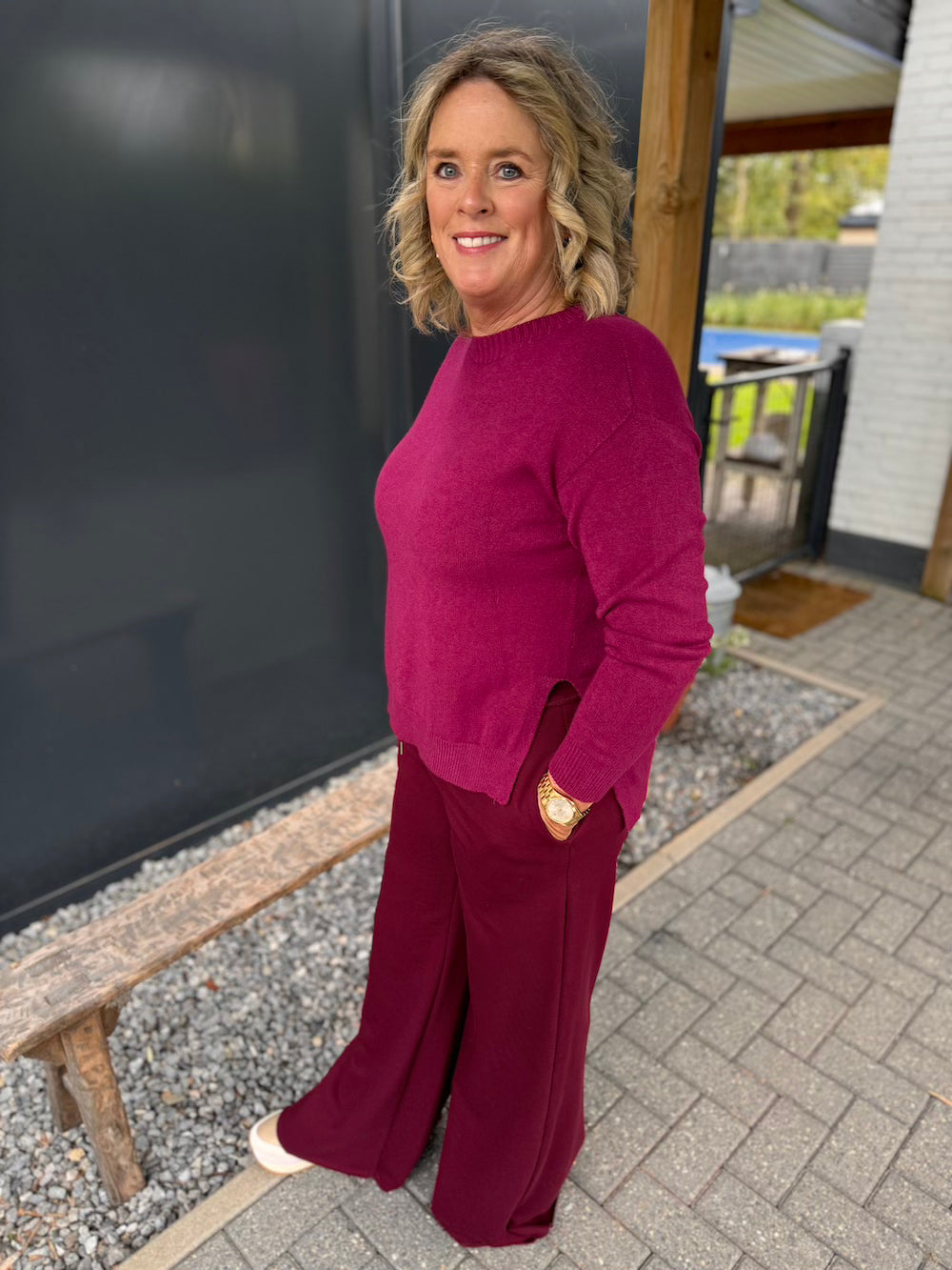 Trui burgundy met splitjes