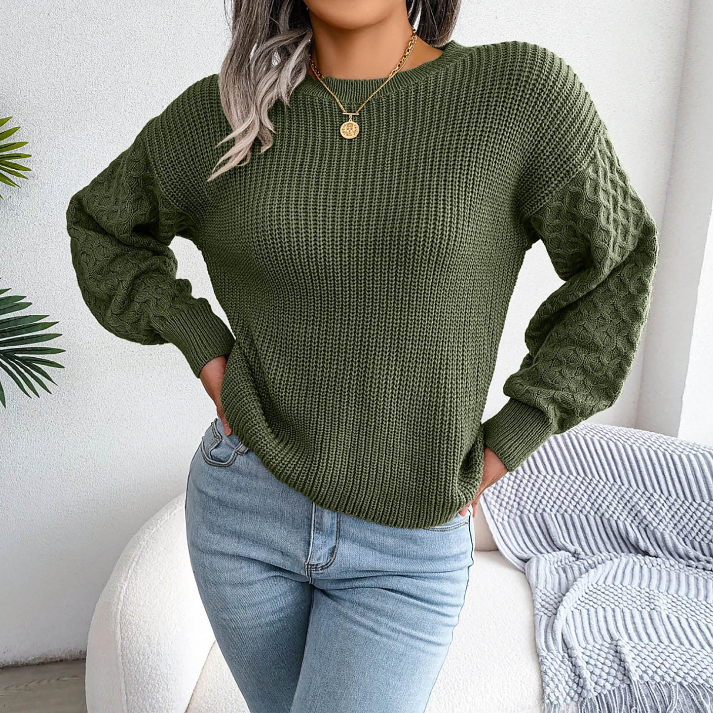 Dezsed Womens Loose Sweaters Clearance Women's Fashion Casual Colorful Long Sleeve Off Shoulder Knit Sweater Crew Neck Sweater Army Green S